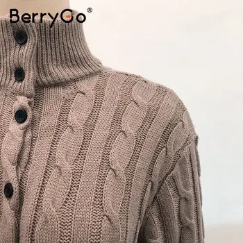 BerryGo Priložnostne stojalo ovratnik ženske pleteno obleko Jeseni, pozimi dolg rokav gumb obleko High street style ženski pulover obleko