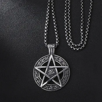 Mens Keltski Punk Wicca Pentagram Star Amulet Obesek z 316L iz Nerjavečega Jekla Verige Nakit Ogrlica