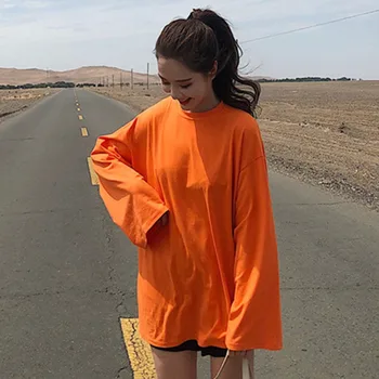 2019 Prodaje Kpop korejski Pomlad Ženske ' s College Slog Svoboden Vožnjo Leni Veter Čiste Barve Dolgo sleeved Dnu Majica T-shirt Na Vrh