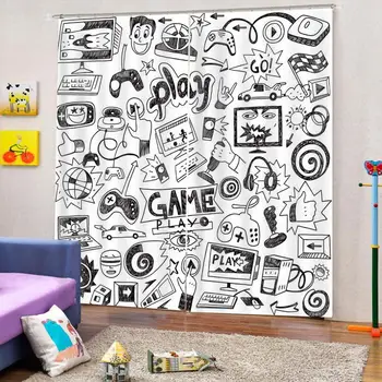 Po meri Preprosto Slikarstvo Igrati Igre Zavese Črni in beli Retro Gaming Računalnik Zaves Za Otroke playroom Blackout Dekor