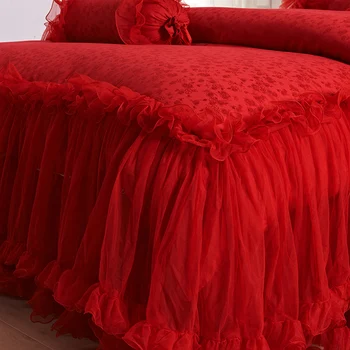 Rdeča Roza Luksuzni Čipke Poroko Posteljnina nabor Kralj Kraljica Posteljo nastavite Bedspread posteljo krilo nastavite Dekoracijo Rjuhe kritje določa bedclothes