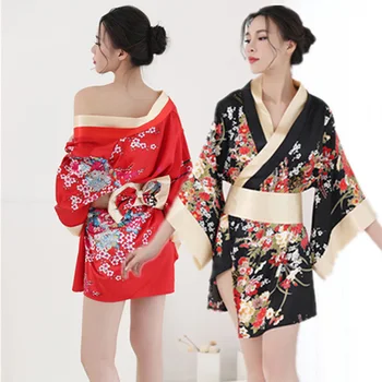 Novost Ženske Japonski Seksi Kimono Globoko V-neck Saten Svila Sleepwear Cvetlični Kopel Yukata Gejša Dekleta Domov Pižamo Nightgown Robe