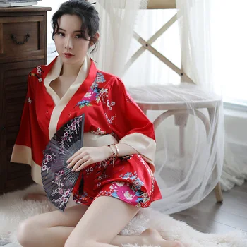 Novost Ženske Japonski Seksi Kimono Globoko V-neck Saten Svila Sleepwear Cvetlični Kopel Yukata Gejša Dekleta Domov Pižamo Nightgown Robe