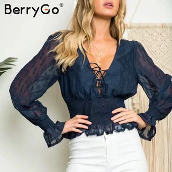 BerryGo V-neck ženske šifon bluzo majica Očesa puff rokav ogrlicom ženski peplum vrhovi Čipke elastična visoko pasu, ženske bluze
