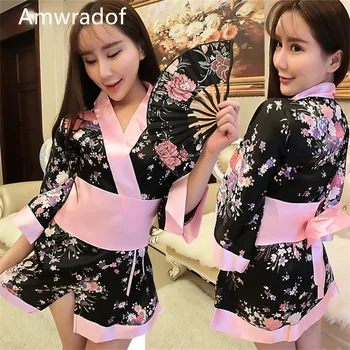 Ženske Kimono Nastavite Cvetje Japonski Roza Haljo Seksi Sakura Enotno Cosplay Kostume Salon Obleko