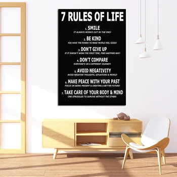 7 Pravila Življenja Motivacijski Plakat, Črno in Belo Veliko Navdihujočih Wall Art Plakat Slika na Platnu