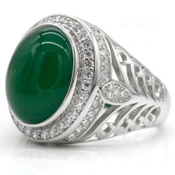 Moški Prstan z Naravno Zeleno Agate Kamen 925 Sterling Srebro Letnik Votlih Design turški Eleganten Nakit Gifr za Moški Ženske