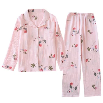 Japonski slog, dame spomladi, jeseni in poleti, bombažne krep krpo dolgo sleeved hlače, pižame nastavite risanka domov storitev ženska