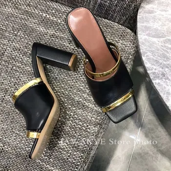 Kvadratni open toe blok pete mul ženske poletje gold black strappy sandali pravo usnje obleka copate 2020 novo natikači ženski čevlji