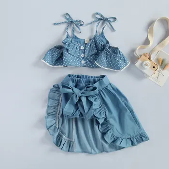 3Pcs Baby Toddler Fant Dekle Obleke, Kompleti Poletje Polka Pike Off Ramenski Vrhovi+Ruffle Krila+Hlače Oblačila