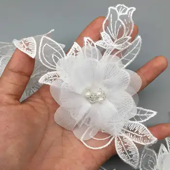 1 dvorišče Pearl Beaded 3D Vezeni Cvetlični Listi Čipke Trim Traku DIY francoski Tkanine Poročno Oblačilo, Šivalni Pribor Obrti