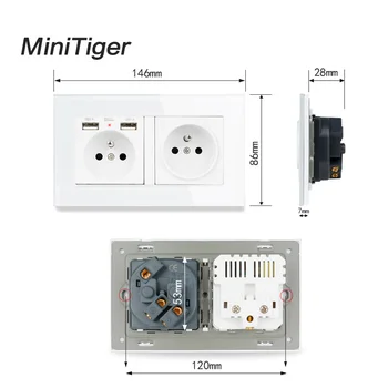 Minitiger 2 Banda francoski Standard Vtičnico Z 2 USB Charge Vrata Skrito Mehko LED Indikator Kristalno Steklo Plošče