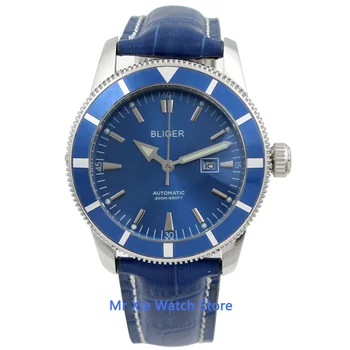 Bliger 46mm modra številčnica automatic mehanski mens watch safirno steklo, Svetlobna Nepremočljiva Usnjenim Traku ročno uro Moški