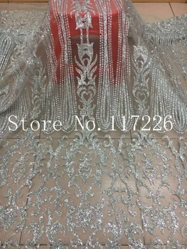 Vroče prodaje JRB-52718 afriške bleščice čipke tkanine v srebrni priljubljena francoska neto čipke z prilepljena bleščice za moda obleko