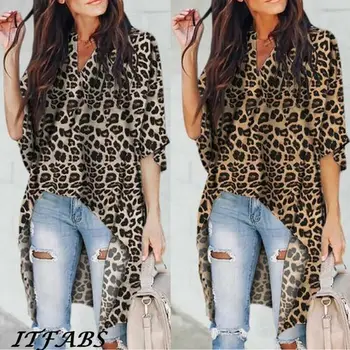 Ženske Leopard Tiskanja Pol Rokav Bluzo Poletje Priložnostne Svoboden V vratu Vrhovi Majico, Pulover
