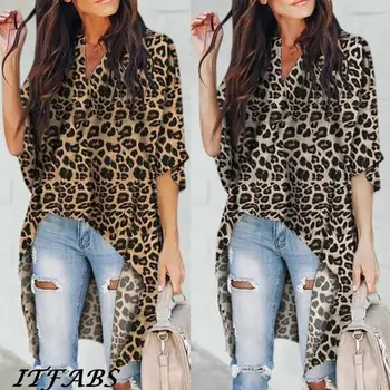Ženske Leopard Tiskanja Pol Rokav Bluzo Poletje Priložnostne Svoboden V vratu Vrhovi Majico, Pulover