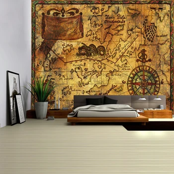 Navtičnih Grafikon Tapiserija, Pirate Treasure Map Visi Dekor Akvarel Zemljevid Pismo Poliester Tabela Kritje Joga Plaža brisačo