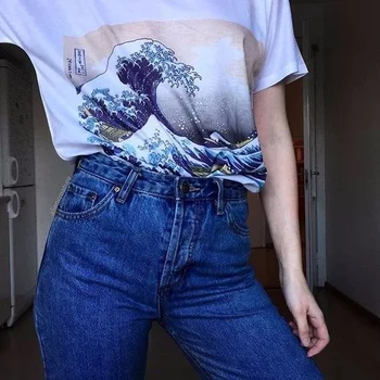 PUDO HJN Poletje Unisex Tumblr Moda Hokusai Japonsko Slikarstvo Pod Val Off Gunma Bele Majice Kratek Rokav Tee Bombaž