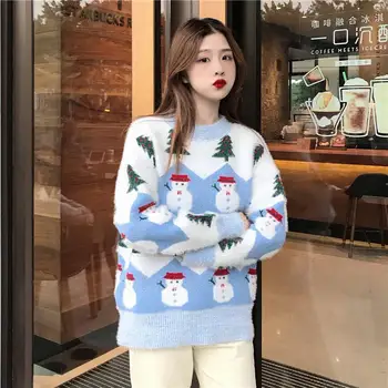 Jesen / Zima 2020 Mink Natisnjeni Božič Pulover Ženske korejski Ohlapen Pulover Sladko Študent Trend