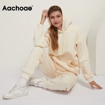 Aachoae 2020 Trdna Bombaž Obleke, Ženske Nastavite Flis Pulover Hooded Puloverji Jopice Priložnostne Hlače Trenirka Plus Velikost