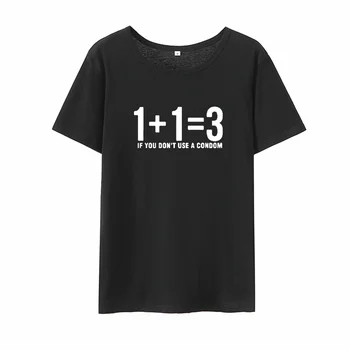 1+1=3 Smešno Majica s kratkimi rokavi Ženske Vrh Poletje Črno Bel Bombaž Tee Shirt Femme Svoboden O-vratu Tshirt Ženske Vrh