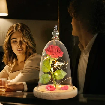 Lepota in Zver Večno Rose Cvet v Stekleno Kupolo z LED Nočna Lučka Sveti Božič, Rojstni dan valentinovega Darila za Dekle