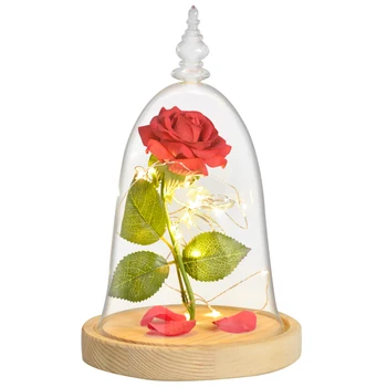 Lepota in Zver Večno Rose Cvet v Stekleno Kupolo z LED Nočna Lučka Sveti Božič, Rojstni dan valentinovega Darila za Dekle
