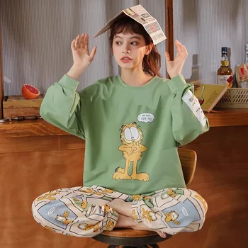Ženske Doma Oblačila, Bombaž korejskem Slogu Jesen Pomlad Sleepwear Risanka Tisk Svoboden Velikost Prosti čas Pjs Bombaž Dekle Pižame Set