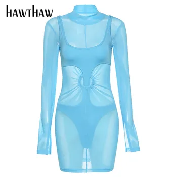 Hawthaw Žensk Pomlad Poletje Dolg Rokav Očesa, Spregledal Bodycon Paket Hip Mini Kratko Obleko 2021 Ženska Oblačila Ulične