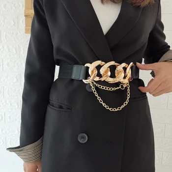 Veliko Zlato Verigo Design Waistbands Lady Obleko Dolgo Tassel Majhne Verige Plus Velikost Cummerbunds Plašč Črne Elastični Pas Pečat Ženske