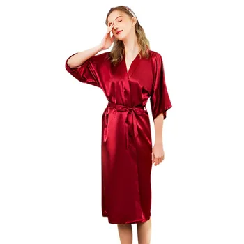 Imitacije Svile Kimono kopalni plašč Ženski Nevesta Družico Poroko Haljo Obleke Ženske Dolgo Sleepwear M-2XL