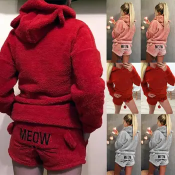 Ženska Ženske Toplo Dolgimi Rokavi Pulover S Kapuco+Hlače Prameni Delni Set Pižamo Obleke Sleepwear