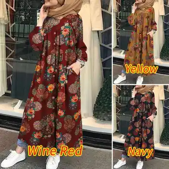 Vintage Tiskano Majico, Obleko Žensk Jeseni Sundress ZANZEA 2021 Musliman, turške Vestidos Ženski Gumb Haljo Femme Plus Velikost 5XL