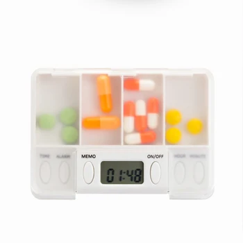 Kvadratni 4 Mreža Medicine Škatla Za Shranjevanje Čas Opomnika Tablete Organizator Tabletke Drog Posodo Elektronski Alarm Pill Box