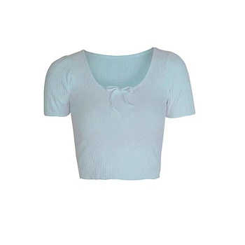 Poletje 2019 ženske vrhovi lady obreži zgoraj t -shirt o vratu kratek rokav lok ulične priložnostne beach party majice, tiskanje