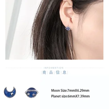 ElfoPlataSi 925 Sterling Srebro Asimetrične Blue Moon Planet Stud Uhan Za Ženske Dekle Fine Srebrni Nakit Brincos DS327