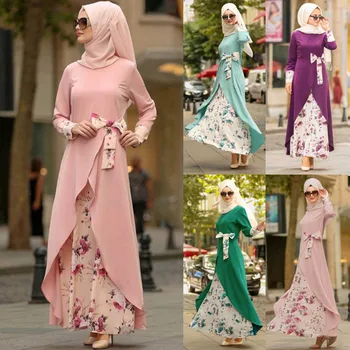 Lep Muslimansko Obleko ženske Cvetlični Dolgo Cocktail Dolgo Obleko Večer Stranka Islamske Abaya Oblačilih, Dolg Rokav Obleke