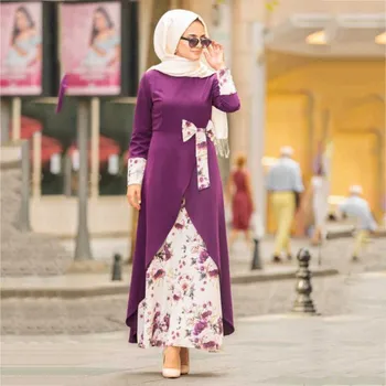 Lep Muslimansko Obleko ženske Cvetlični Dolgo Cocktail Dolgo Obleko Večer Stranka Islamske Abaya Oblačilih, Dolg Rokav Obleke