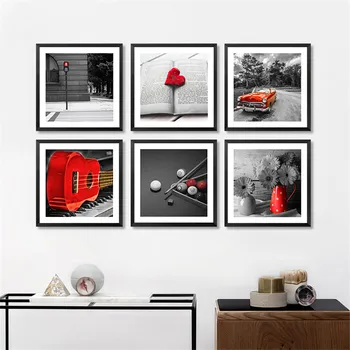 Moderno Črno Belo Art Platno Slikarstvo Natisne Rdeči Avto Kitara Wall Art Plakat Doma Dekoracijo Stenskih Slik, Dnevna Soba YX120