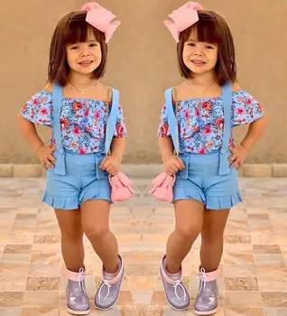Dekleta Obleke Obleke Poletje Slog Otrok Cvetlični Vrhovi + Kombinezon Obleko Obleke, Kompleti Za 1-6T Otroci Ruffles Rokav in hlače