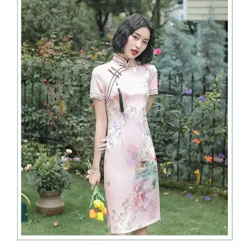 Seksi Pink Lady Cheongsam Novost, Tiskanje Cvet Kratek Qipao Kitajski Tradicionalni Klasični Mandarin Ovratnik Obleko Velika Velikost Vestidos