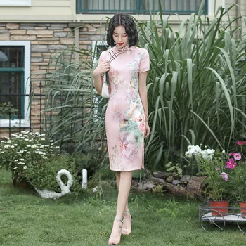 Seksi Pink Lady Cheongsam Novost, Tiskanje Cvet Kratek Qipao Kitajski Tradicionalni Klasični Mandarin Ovratnik Obleko Velika Velikost Vestidos