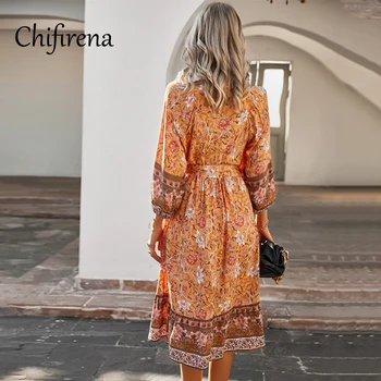 Chifirena Elegantne Obleke za Ženske Letnik Midi Boho Dolg Rokav Obleka Priložnostne Cvjetnim Tiskanja Počitnice Stranka Pasu Vestido de mujer