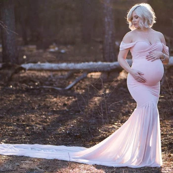 Bombaž Dolgo Porodniškega Fotografija Rekviziti Nosečnosti Šifon Obleko Za Fotografiranje Izven Ramenski Za Ženske Maxi Porodniškega Obleke