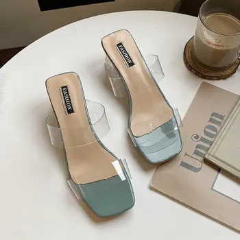 2020 PVC Jelly Kristalno Copate Odprite Toed Visokih Petah Ženske Pregleden Pete Copate Sandali Kvadratnih pete zapatos