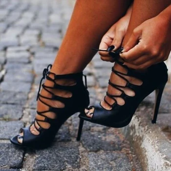 Ženske gleženj sandali, škornji seksi čipke visokih petah black črpalke čevlji dame navzkrižno strappy peep toe stiletto stranka sandali zapatos