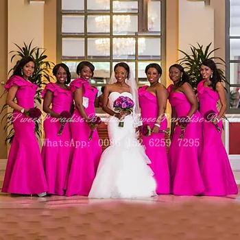 Hot Pink Morska Deklica Družico Obleke 2020 Dolgo Ruffles Eno Ramo Afriške Ženske Poroka Stranka Obleko Devica Čast Vestidos