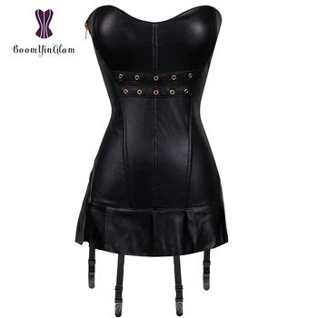 Ženske Seksi Črno Usnje Perilo Bustier Corest Elastično Mini Obleka Clubwear Overbust Z Trepalnice Za Naramnice 9002#