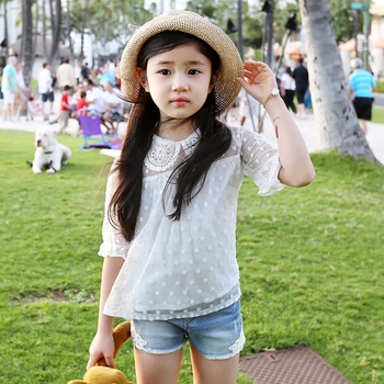 2020 Poletje Novi korejski otroška Oblačila Čipke Rokav Otroci T-shirt Bombažne Tanke Dobre Kakovosti Dekleta Pika Bluzo Belo Srajco