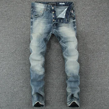 Italijanski Letnik Oblikovalec Moške Jeans Svetlo Modra Slim Fit Denim Gumbi Hlače Klasične Preproste Jeans Homme Bombaž Blagovne Znamke Kavbojke Moški